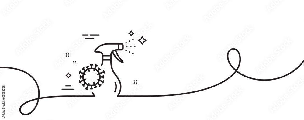 Coronavirus spray sanitizer line icon. Continuous one line with curl. Covid virus sign. Antiseptic symbol. Coronavirus spray single outline ribbon. Loop curve pattern. Vector