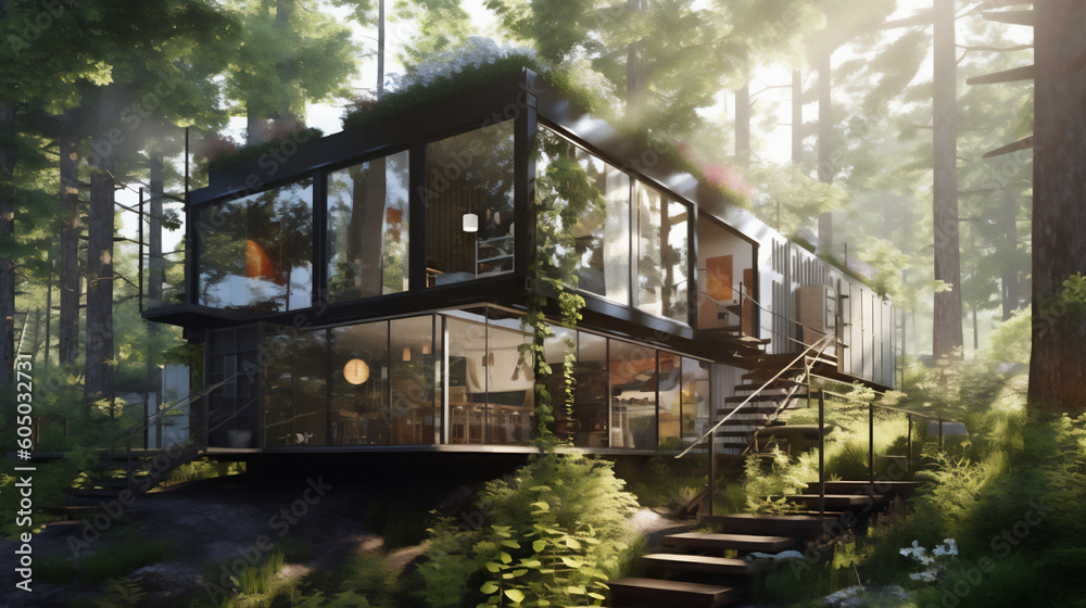 Cargo container home design in dense forest - Generative Ai