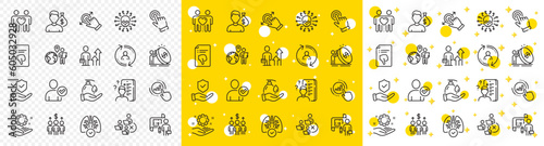 Outline Lungs, User info and Outsource work line icons pack for web with Identity confirmed, Wash hands, Inflation line icon. Business results, Thumb down, Insurance hand pictogram icon. Vector