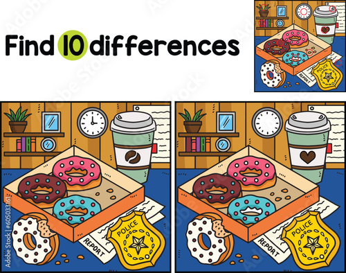Police Badge, Donuts, Coffee Find The Differences
