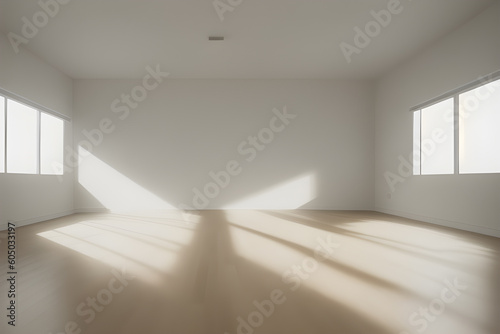 empty room illuminated by the rays of the sun, presentation, advertising. Generative AI