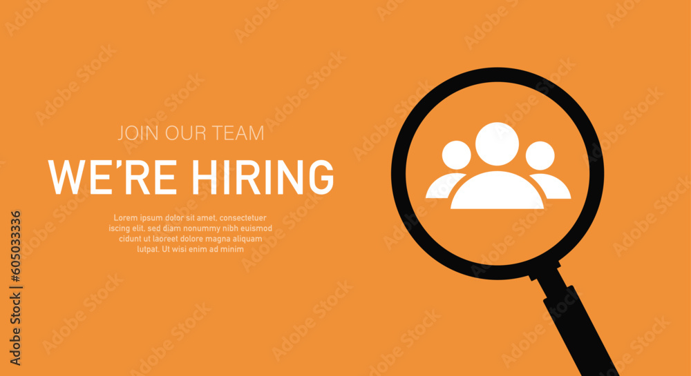 We hiring banner. Avatars of people in magnifying glass. Advertising poster or banner