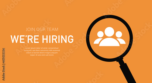 We hiring banner. Avatars of people in magnifying glass. Advertising poster or banner. Employment, recruitment and headhunting. Company looking for talents. Cartoon flat vector illustration