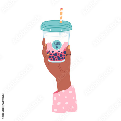 Hand holding bubble tea cup with tapioca pearls. Boba tea.Taiwanese drink. Summer cold drink. Hand drawn vector illustration