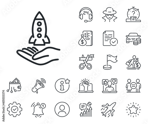 Launch Startup project sign. Salaryman, gender equality and alert bell outline icons. Crowdfunding line icon. Innovation symbol. Crowdfunding line sign. Spy or profile placeholder icon. Vector