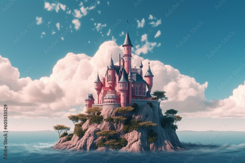 Illustration of a pink castle on a floating island amidst blue sky and ...