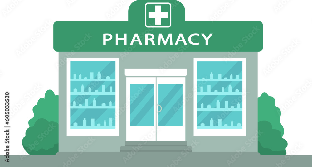 Pharmacy shop front facade icon. Vector illustration. Pharmacy shop front facade icon. Vector illustration.