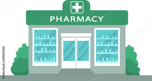 Pharmacy shop front facade icon. Vector illustration.