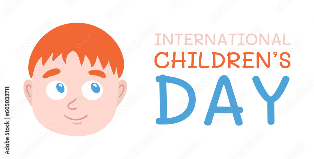 International Children day with the head of a boy with fair skin. Smiling red-haired boy with blue eyes. The little baby is watching. Postcard for the holiday. Vector illustration. International Children day with the head of a boy with fair skin. Smiling red-haired boy with blue eyes. The little baby is watching. Postcard for the holiday. Vector illustration.