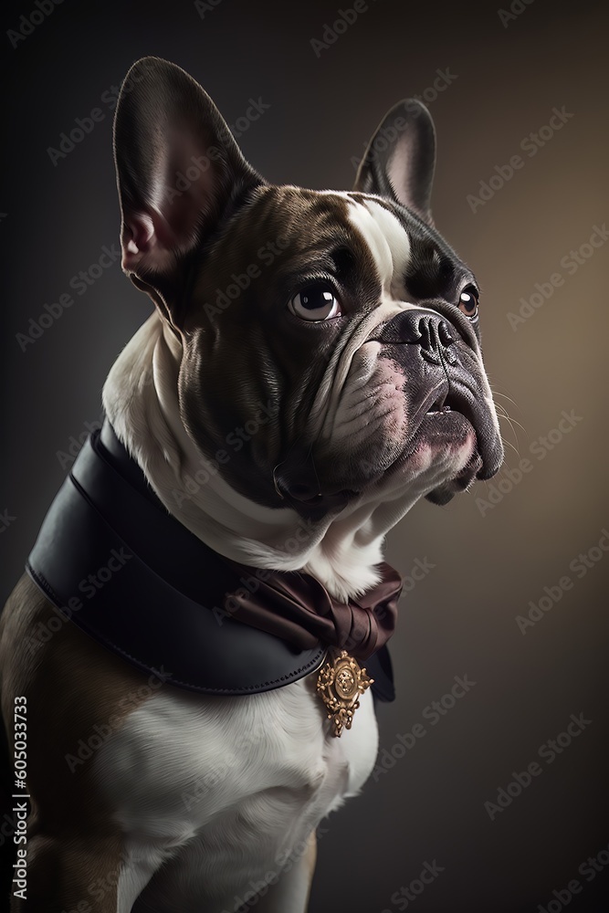 Portrait of a luxurious French bulldog dog, looking away, on a dark background Generative AI