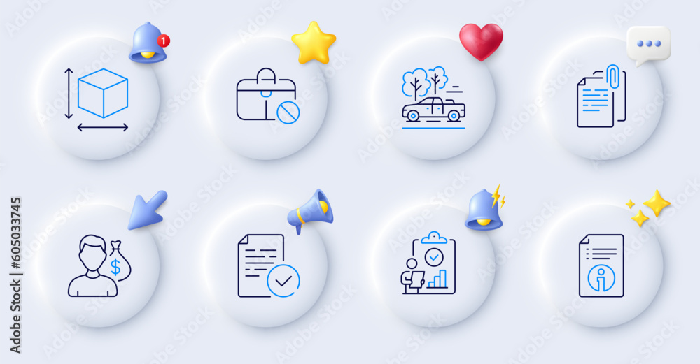 Box size, Compliance and Salary line icons. Buttons with 3d bell, chat speech, cursor. Pack of Pickup, Document attachment, Inspect icon. Technical info, Jobless pictogram. Vector Box size, Compliance and Salary line icons. Buttons with 3d bell, chat speech, cursor. Pack of Pickup, Document attachment, Inspect icon. Technical info, Jobless pictogram. Vector