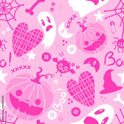 Halloween cartoon pumpkins seamless ghost and moon and bats and spider and witch hat pattern for wrapping