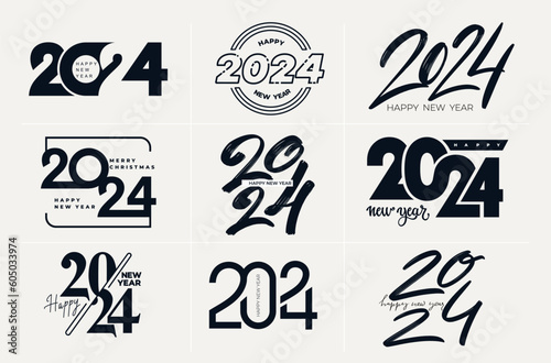 2024 Happy New Year logo black text design set. Big collection of 2024 number trend design template. 2024 Happy New Year symbols decoration. Christmas vector illustration with black labels.