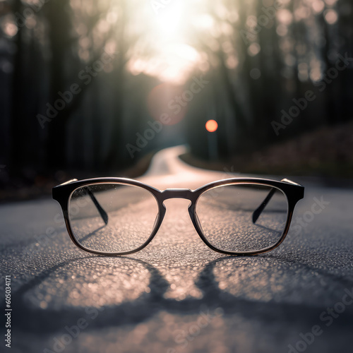 Clear illustration of the road leading to the light source behind the glasses, with a blurred background. Generative AI