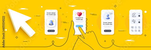 Insurance policy, Health eye and Beach umbrella line icons pack. Phone screen mockup with 3d alert bell, health and headshot. Lock, Like photo, Eco energy web icon. Vector