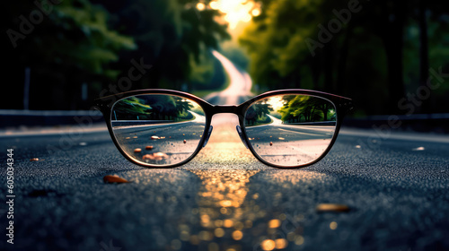 Clear illustration of the road leading to the light source behind the glasses, with a blurred background. Generative AI