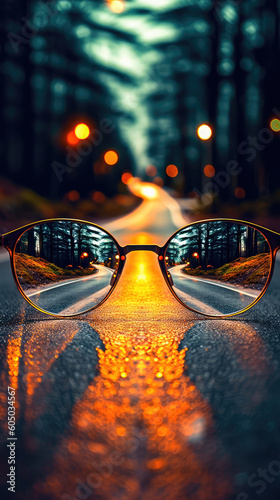 Clear illustration of the road leading to the light source behind the glasses, with a blurred background. Generative AI