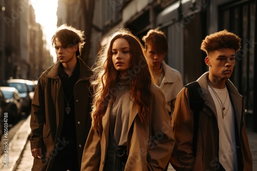 A group of fashion and stylish young models posing on streets during sunlight. Generative Ai