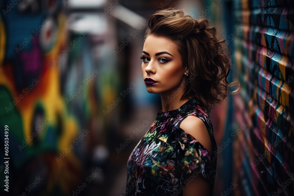 A fashion model posing in front of a colorful graffiti wall. Generative Ai A fashion model posing in front of a colorful graffiti wall. Generative Ai