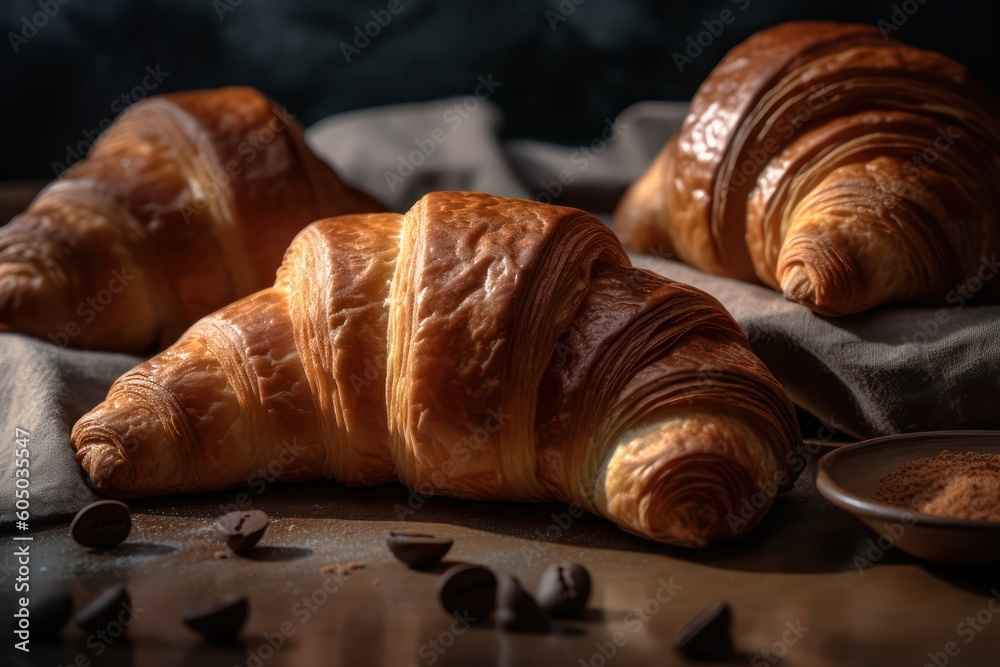 Board with delicious croissants on a dark wooden table, close-up. french pastries.generative AI Board with delicious croissants on a dark wooden table, close-up. french pastries.generative AI