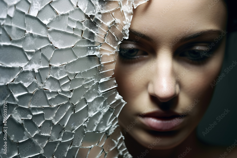 Portrait of a young, sad woman against the background of broken glass ...