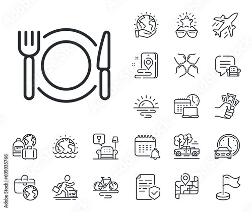 Dinner sign. Plane jet, travel map and baggage claim outline icons. Restaurant food line icon. Hotel service symbol. Restaurant food line sign. Car rental, taxi transport icon. Place location. Vector