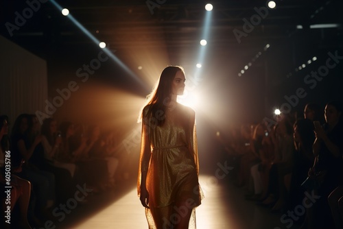 Young fashion model walking at a Fashion show during warm spotlights on background. Generative Ai photo