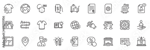 Icons pack as Donation, Luggage trolley and Parking line icons for app include Attachment, Discount button, Window outline thin icon web set. Money app, Product knowledge. Vector