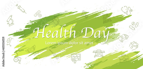 Health day concept. Poster for international holiday and festival 7 April. Healthcare and active lifestyle, healthy eating and diet, propper nutrition. Cartoon flat vector illustration