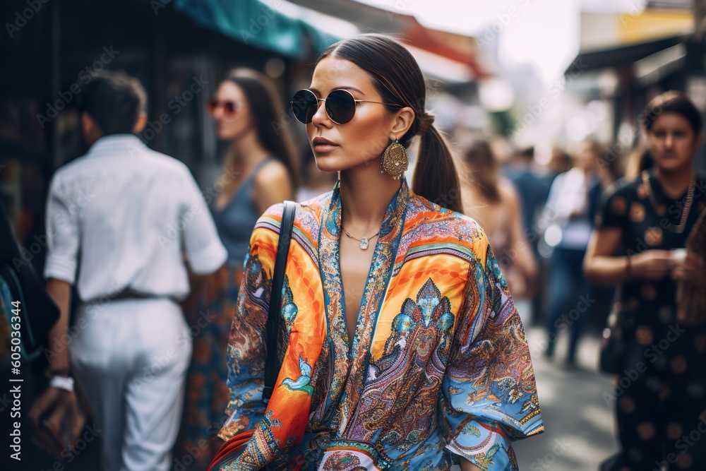 A fashion influencer in bright clothes on the street. Generative Ai