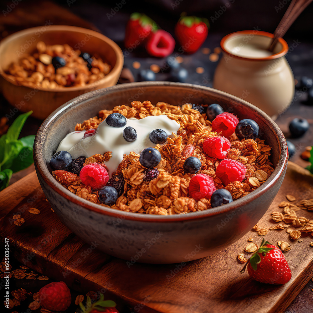 Bowl of homemade granola, sprinkled with fresh berries and yogurt, served with honey. Healthy and nutritious taste of breakfast dishes. Generative AI Bowl of homemade granola, sprinkled with fresh berries and yogurt, served with honey. Healthy and nutritious taste of breakfast dishes. Generative AI