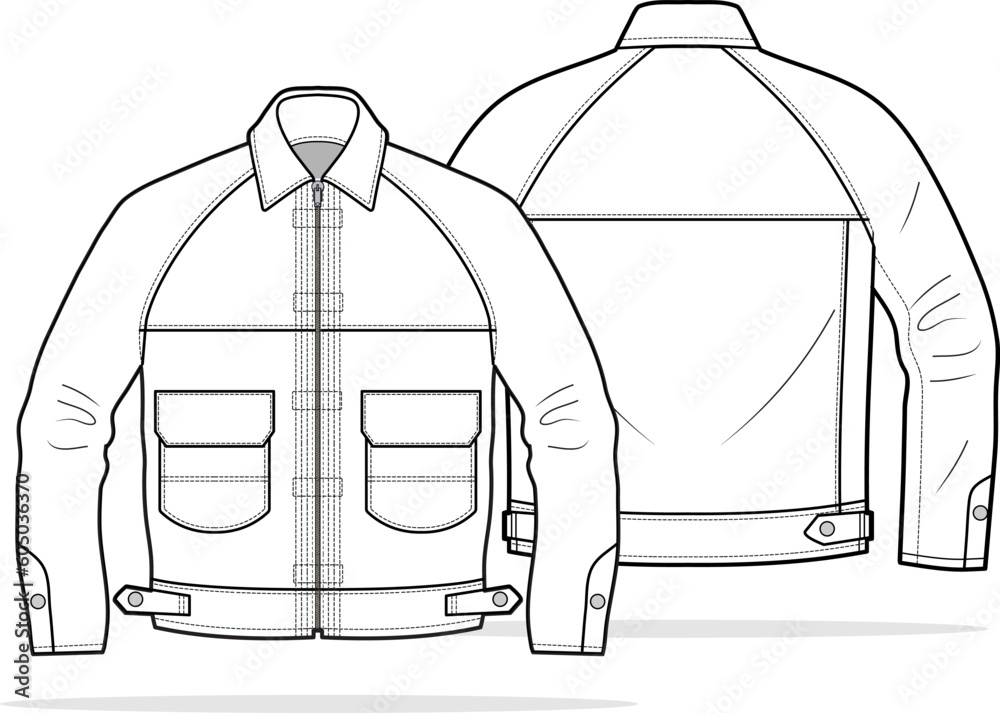 Vintage workwear jacket design flat sketch Illustration front and back