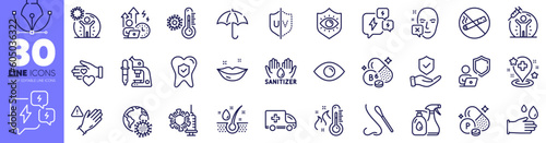 Eye, Vaccine protection and Vitamin b6 line icons pack. Lips, Coronavirus vaccine, Thermometer web icon. Cleaning liquids, Serum oil, Stress pictogram. Nasal test, Umbrella, Rubber gloves. Vector