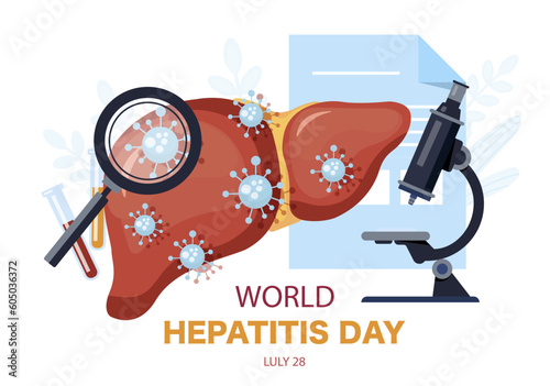 World hepatitis day. International holiday and festival July 28. Microscope and magnifying glass examines viruses on liver. Healthcare and treatment. Cartoon flat vector illustration