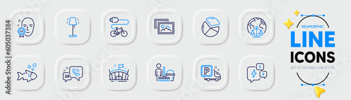 Photo album, Pie chart and Fish line icons for web app. Pack of Electric bike, 24h service, Magistrates court pictogram icons. Cleaning, Arena, Stand lamp signs. Truck parking, Stress. Vector