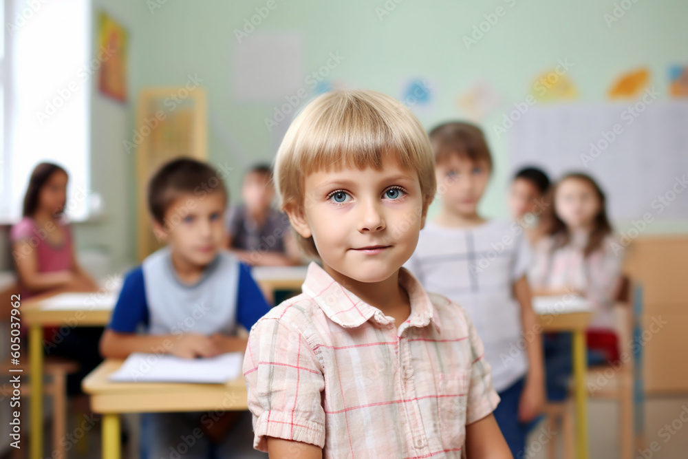Handsome little boy in a classroom. Generative AI