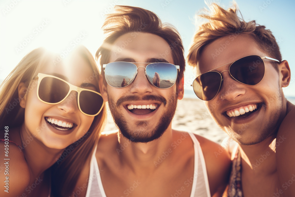 Happy young friends on the beach. Generative AI Happy young friends on the beach. Generative AI