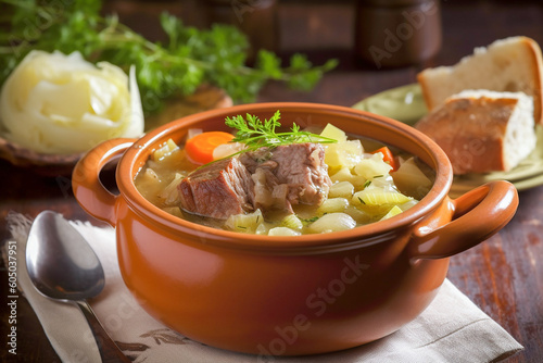Garbure thick french traditional stew meat. Generative AI