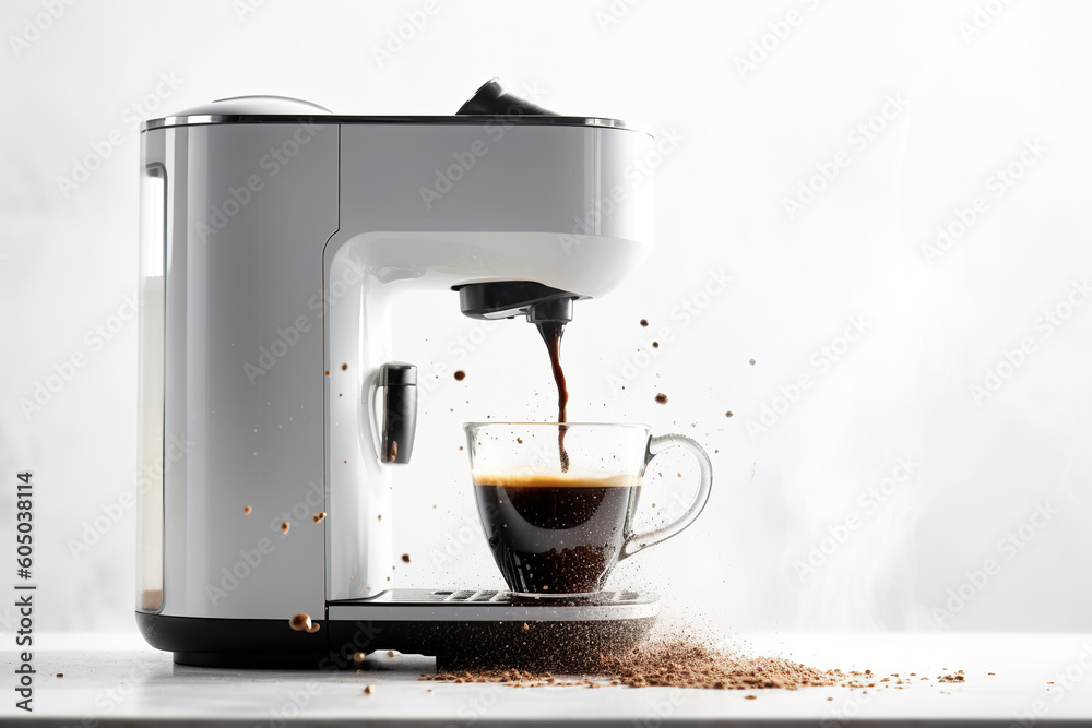 Espresso coffee maker pouring coffee into a coffee cup. Fresh coffee