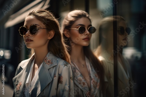 A group of fashion and stylish young models in sunglasses posing on NY streets during sunlight. Generative Ai