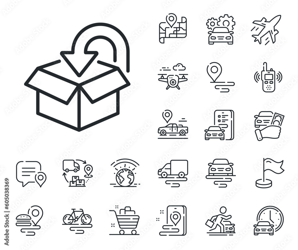 Fototapeta premium Delivery box sign. Plane, supply chain and place location outline icons. Return package line icon. Logistic service symbol. Return package line sign. Taxi transport, rent a bike icon. Vector