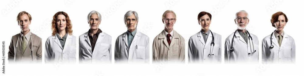 Set of isolated doctors, portrait front view. Generative AI Set of isolated doctors, portrait front view. Generative AI