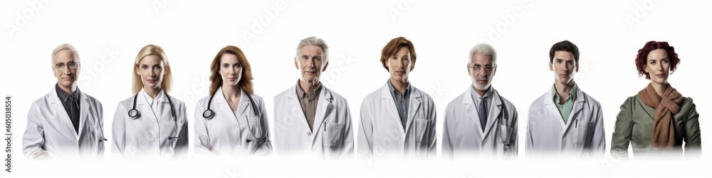 Set of isolated doctors, portrait front view. Generative AI Set of isolated doctors, portrait front view. Generative AI