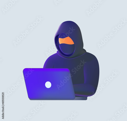 3D Hacker, Cyber criminal with laptop stealing user personal data. Hacker attack and web security. Internet phishing