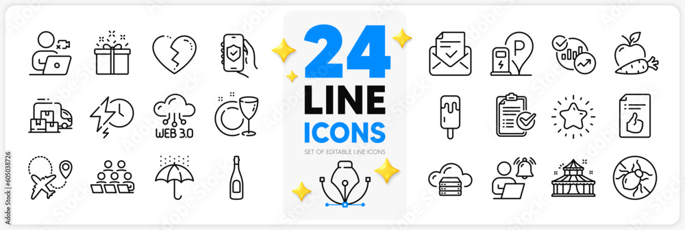 Icons set of Broken heart, Charging station and Apple carrot line icons pack for app with Video conference, Cloud server, Dish plate thin outline icon. Airplane, Survey checklist. Vector Icons set of Broken heart, Charging station and Apple carrot line icons pack for app with Video conference, Cloud server, Dish plate thin outline icon. Airplane, Survey checklist. Vector