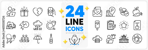 Icons set of Broken heart, Charging station and Apple carrot line icons pack for app with Video conference, Cloud server, Dish plate thin outline icon. Airplane, Survey checklist. Vector