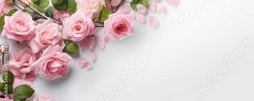 a Horizontal format with Roses in margin with product or copy space. nature design template. picturesque floral-themed  photorealistic illustrations in JPG. 10 4 aspect. Generative ai