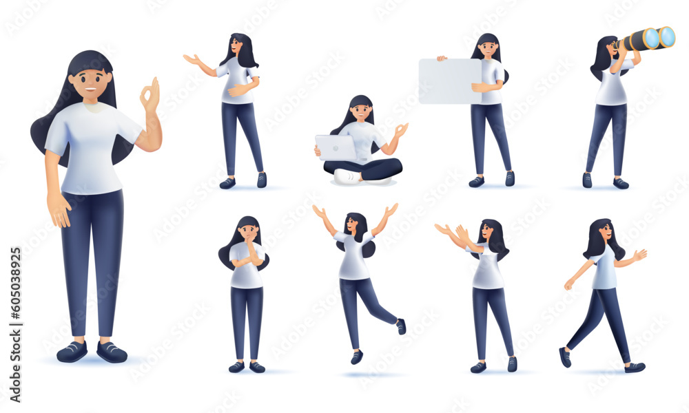 3D Set of a woman in casual clothes in different poses. A character for your project. Vector illustration in 3D cartoon