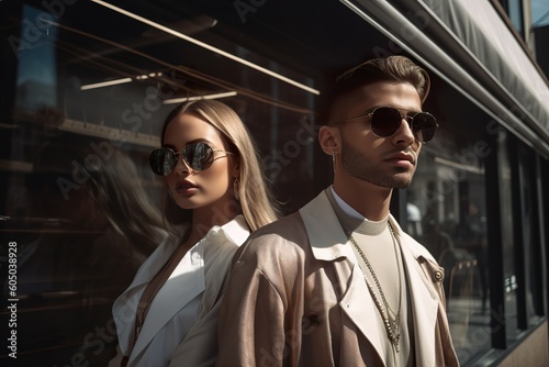 Couple of fashion and stylish young models in sunglasses posing on NY streets during sunlight. Generative Ai