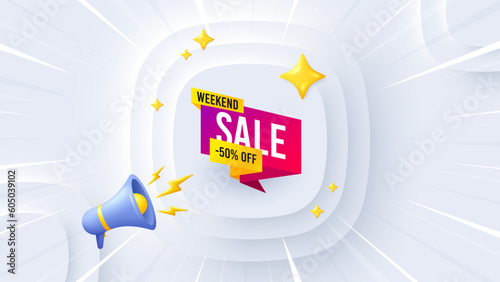 Weekend sale 50 percent off banner. Neumorphic offer 3d banner, poster. Discount sticker shape. Hot offer icon. Weekend sale promo event background. Sunburst banner, flyer or coupon. Vector